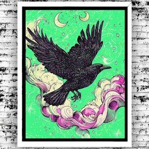Raven Pop Art Moon Celestial Green Purple Art Print